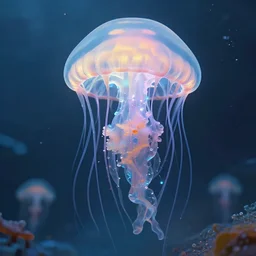 by par olofsson and tristan eaton, visually stunning, cinematic, ultra realistic, hyper realism, 1 2 k, epic, octane render, unreal engine, vfx, maya, into the uncertain divine : crisp and bright and magical and strange, polymorph : jellyfish