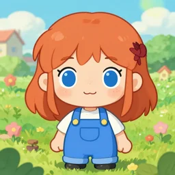 kawaii chibi art of a ginger girl with big blue eyes, freckles, blue overalls, studio trigger studio ghibli, kids book cover about gardening