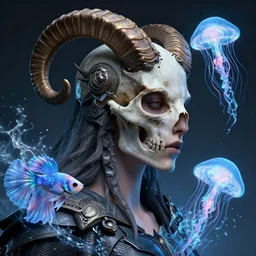 3 d goddess close - up profile portrait russian batman with ram skull. beautiful intricately detailed mask and weapon. betta fish, jellyfish phoenix, bio luminescent, plasma, ice, water, wind, creature, artwork by tooth wu and wlop and beeple and greg rutkowski