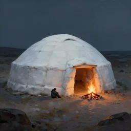 an igloo in the tundra, with a campfire near the entrance, mysterious matte painting by ruan jia and craig mullins, trending on artstation
