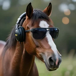 5 5 mm photo of horse with sunglasses and headphones, head shot. dof. bokeh. magical atmosphere. art by greg rutkowski. highly detailed 8 k. intricate. lifelike. soft light. nikon d 8 5 0.