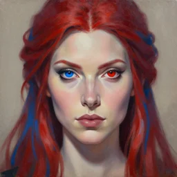 A detailed matte oil on canvas head on symmetrical portrait of a beautiful elven woman with a blue eye and a red eye, and red and blue hair by greg rutkowski and Charlie bowater, trending on artstationhd,  dungeons and dragons art critical role