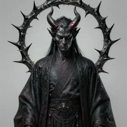 photo of powerful demon with horns, wearing dark robes, elegant, matte, surreal, thorn halo, fantasy, highly detailed, sharp focus, illustration, digital painting