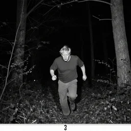 black and white trail camera footage of boris johnson running through a forest at night, dark, 8 k photography