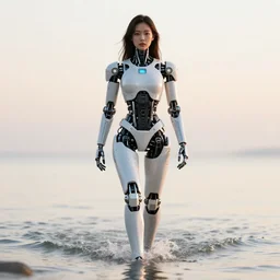 beautiful centered photo portrait of hoyeon jung as a solarpunk robotic humanoid with white mechanical parts with bright halogen lights, walking through water, ultra - realistic and detailed, white background, sunset lighting, soft focus, slow exposure hdr 8 k