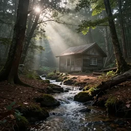 cabin in the woods with small babbling creek, lost place photo, sunrays, mystic, mist, volumetric lights, wilderness, dirt, dramatic, cinematic, 8K, award winning photo