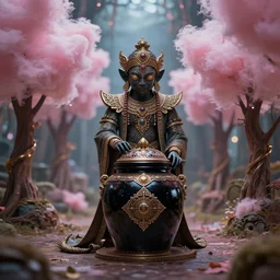 fKrang standing with black jar, enchanted, magical, cotton candy trees,  cinematic shot, intricate, ornate, photorealistic, ultra detailed, realistic, 100mm, photography, octane, high definition, depth of field, bokeh, 8k, behance, artstation