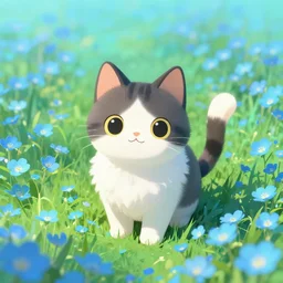 a cute cat in a field of turquoise blue flowers, concept art, 8 k, octane render, by julius adam ii and studio ghibli