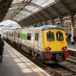 a large duplo train in London train station hyper realistic
