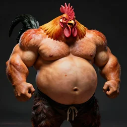 photo of muscle monster rooster, fat belly, obese, belly, vivid colors, 8 k, hd, dramatic