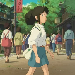awesome girl walking down a busy street, side shot, in the style of spirited away, hyperrealism, art by satoshi kon, lush detail, award winning, trending on artstation