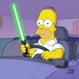 homer simpson driving a car. he is holding a green lightsaber