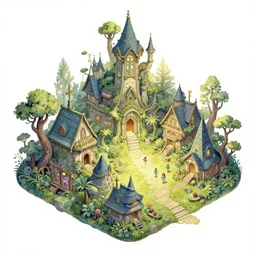 alien faerie village. gouache by award - winning concept artist. intricate details, backlightling, isometric.