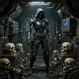 a cybernetic hunter, cyberpunk, in a dingy underground bunker, wires, skulls, machines, by emil melmoth zdzislaw belsinki craig mullins yoji shinkawa realistic render ominous detailed photo atmospheric, ink drips paint smears digital glitches glitchart