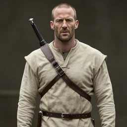 jason statham cast as dijkstra in the witcher netflix series, wearing a beige cloth outfit, not wearing armour