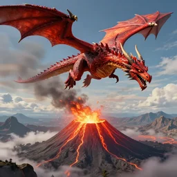 enormous red dragon flying above an erupting volcano. 4 k video game concept art. highly detailed. fantasy.