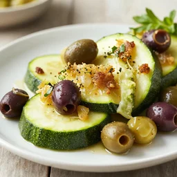 mouthwatering zucchini and olives, food photography
