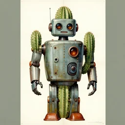1950s retro cactus robot movie poster, without text. Bionic Arms and eyes. muted colours. by Jean-Baptiste Monge, wide shot