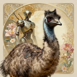 portrait of a emu, robot steampunk, floral! horizon zero dawn machine, intricate, elegant, highly detailed, ray tracing, digital painting, artstation, concept art, smooth, sharp focus, illustration, art by artgerm and greg rutkowski and alphonse mucha, 8 k