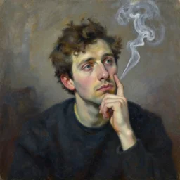 An impressionist oil painting of a human thinking so hard that smoke is coming out of the head