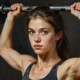 painting of a very beautiful girl with muscles lifting weights, very beautiful face, pretty face, very detailed eyes by tom bagshaw, greg rutkowski, wlop