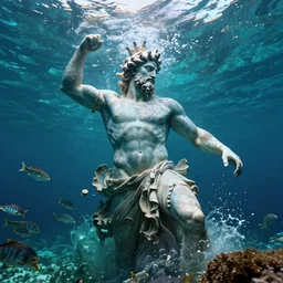 ancient greek sculpture of the god poseidon submerged in the ocean, school of fish, photorealistic, blue and green water, volumetric lighting from above