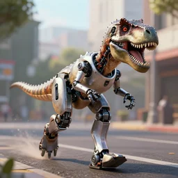 photorealistic robot with t-rex similarities running down a street, 3D, unreal engine, cryengine