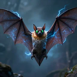 a giant bat with electricity coming out of it's wings with green eyes