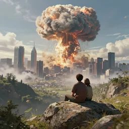 a couple sitting on top of a rock covered serene hillside watching a nuclear explosion in a city with skyscrapers, a detailed matte painting, apocalyptic art, sharp focus, cgsociety, fantasy art, cinematic, artstation hq, vfxfriday, dystopian art