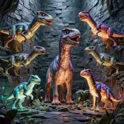 technicolor glowing prehistoric beasts, surrounded by slate grey walls, insane details, dramatic lighting, unreal engine 5, concept art, greg rutkowski, james gurney, johannes voss, hasui kawase.