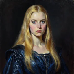 hyperrealism oil painting, complete darkness, close - up portrait of medieval fashion model, long blonde hair, fully clothes in dark blue reflect robe, in style of classicism mixed with 8 0 s sci - fi japanese books art