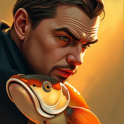 painting portrait of leonardo dicaprio and a carp, cartoon, warm lighting, leonardo dicaprio has a carp. leonardo dicaprio and a carp fish. movie poster, illustration by bartek fedyczak, erak note, tooth wu, neil richards, kan liu, siwoo kim, jisu choe, trending on art station