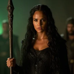 epic photo of jessica alba as beautiful medieval sorceress with very long black hair, battle scene, holding her wizard staff, sweaty, neutral expression, perfect likeness, rim light glow, low contrast, soft light, low light, green hue, shallow depth of field, photorealistic, cinematic lighting, lovely bokeh, warm colours, night time, movie quality, green glow from the left, excalibur 1 9 8 5, movie still, cinemascope