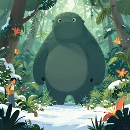 a giant creature in a lush trunda vegetation, snow snow, tropical flowers : : by michal karcz, daniel merriam, victo ngai and guillermo del toro : : ornate, dynamic, particulate, intricate, elegant, highly detailed, centered, artstation, smooth, sharp focus, octane render, 3 d