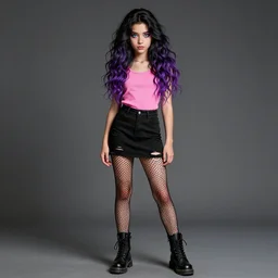 moroccan teenager with long, wavy black and purple hair and rainbow - colored eyes wearing a pink tank top and black miniskirt with ripped fishnet tights and black combat boots stands, ultrafine hyperrealistic by loish and artgerm and greg rutkowski, intricate linework, sharp focus, smooth, unreal engine, dramatic lighting, 8 k