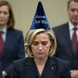 conservative mp liz truss looking sad and wearing a dunces cap, editorial photograph