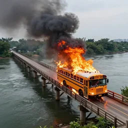 a schoolbus on fire on a wooden bridge over a large river, by kim jung gi, paul heaston, extremely wide angle shot, trending on art station, 4 k, vibrant lighting