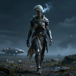 an alien with glowing smokey eyes wearing a flowing cloth shirt over stylish plate armor walking, an alien ship in the distance on a vast landscape, night sky, dramatic lighting, light fog, 8 k cg render, highly detailed, trending on artstation