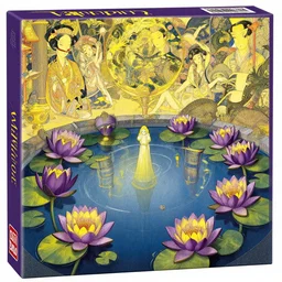 waterlily plants, warhammer, cyber japan style, flowery scifi pond, jeff koons depth, purple and yellow, highly detailed, artstation, bandai box art, in the style of moebius, jugendstil and classic japanese print, art by jean delville, peter max, rene magritte