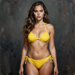 sexy painting of gal gadot, itsy bitsy teeny weeny yellow polka dot bikini, ultra realistic, concept art, intricate details, eerie, highly detailed, photorealistic, octane render, 8 k, unreal engine, art by artgerm and greg rutkowski and alphonse mucha
