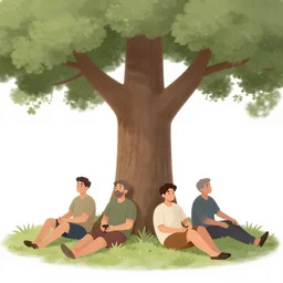 4 men relaxing by an oak tree