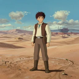 wide shot tatooine landscape obi wan in Star Wars a new hope 1977 by studio ghibli, Miyazaki, animation, highly detailed, 70mm