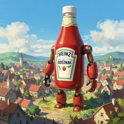 A Giant Ketchup bottle robot ruling over a small medieval town, looming in the distance, Giant Ketchup bottle robot, Heinz Company, rendered by Makoto Shinkai, environment concept, digital art, unreal engine, 3 point perspective, trending on artstation, low level, 4K UHD image, octane render,
