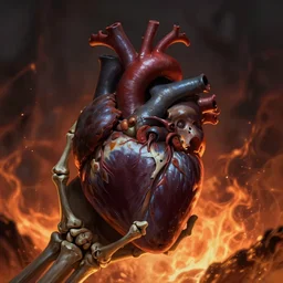 anatomically correct heart in skeleton hand, darkness, hyper realism, mystery, scared, fantasy, dark, highly detailed, digital painting, on fire background, concept art, sharp focus, illustration, epic light, artstation