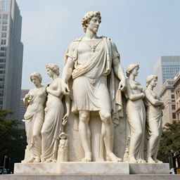 long shot photo of a soapstone Art Deco statue of ancient greek religion god Hades wearing a tunic, sculped by Paul Landowski,Jean Dupas, Tamara de Lempicka, Reginald Marsh, Rockwell Kent, and Diego Rivera,long shot,wide shot,low angle,Sigma 85 mm f/1.4,very detailed,unreal-engine,city in the background
