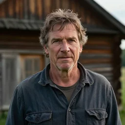 a cinematic headshot portrait of a farmer, stood outside a wooden cabin, movie still, shallow depth of field, ultra realistic, dramatic lighting, by annie leibovitz