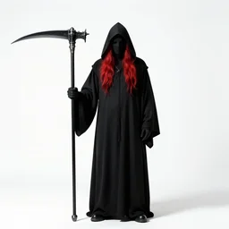 red-haired grim reaper with scythe, studio photography, full body, standing, isolated on a pure white background, centered, whole figure in frame, sharp focus, studio lighting