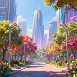 3 0 0 1 hovering illuminating cyberpunk park with vibrant trees in a cyberpunk metropolis optimistic colorful spectral sunny clear day parks trees flowers [ modernist street lamps ] clear focus [ [ cyberpunk skyscrapers ] ] [ art deco motifs ] colorful lighting fantasy scifi by ross tran greg rutkowski wlop elegant retro futuristic artstation cgsociety