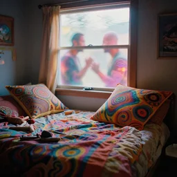 agfa vista 4 0 0 photograph of a cluttered 9 0 s teenagers psychedelic 1 9 6 7 rock hippie bedroom, dwayne johnson fights vin diesel, waves ripple color light, synth vibe, window, bed, surrealistic pillow, blur, lsd color patterns, vaporwave colors, lens flare, moody lighting, telephoto, lsd vibe, blurry background, grain, tranquil, calm, lsd hallucinations