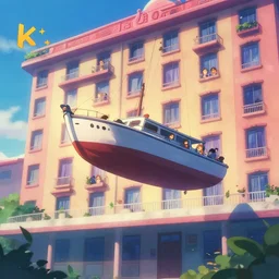 a boat suspended in mid air next to a hotel building. vibrant colors, soft lighting, adventurous, atmospheric lighting, 8 k, octane render. by makoto shinkai, stanley artgerm lau, wlop, rossdraws, james jean, andrei riabovitchev, marc simonetti, krenz cushart, sakimichan, d & d trending on artstation, digital art.